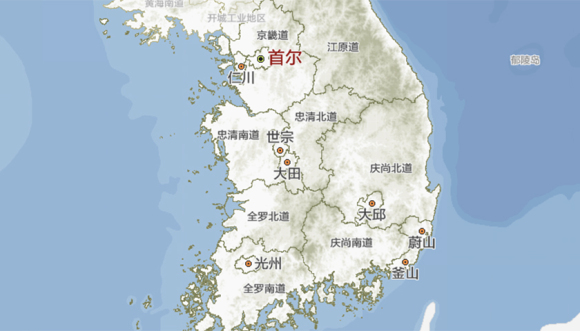 韩国地图(未含济州道) 来源:hanchao.com