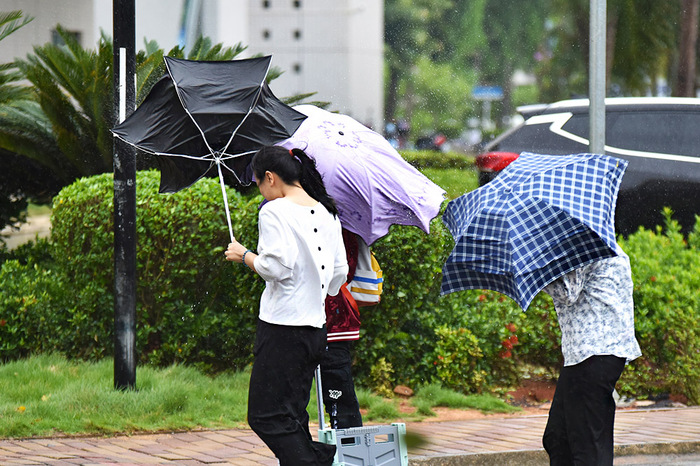 2020年10月13日,海南海口,在海南大学海甸校区,人们撑伞在风雨中艰难