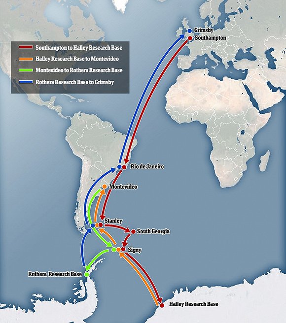 航海之行:这张地图显示伯德韦医生来回南极的路线