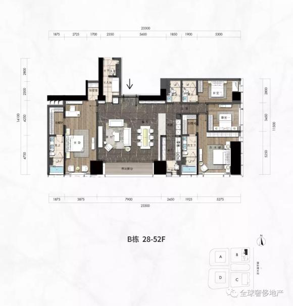 恒裕深圳湾340㎡定制样板间户型图|scda 设计