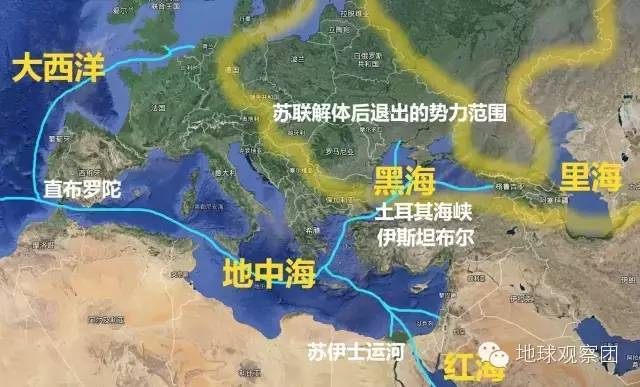 俄国可以从黑海经土耳其海峡进入地中海,进而进入大西洋(经直布罗陀