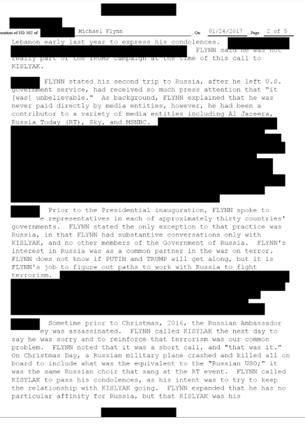  FBI对弗林的调查文件里有大量不对公众公开的涂黑部分。