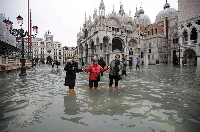 A flooded Piazza San Marco, a.k.a. St. Mark's Square, in Venice on Wednesday. (Luca Bruno/AP)