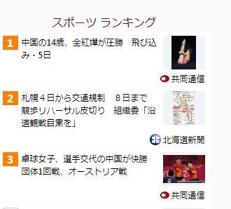 图四：日本共同社官网运动新闻榜单。图片来源：日本共同社官网运动新闻榜单截图。