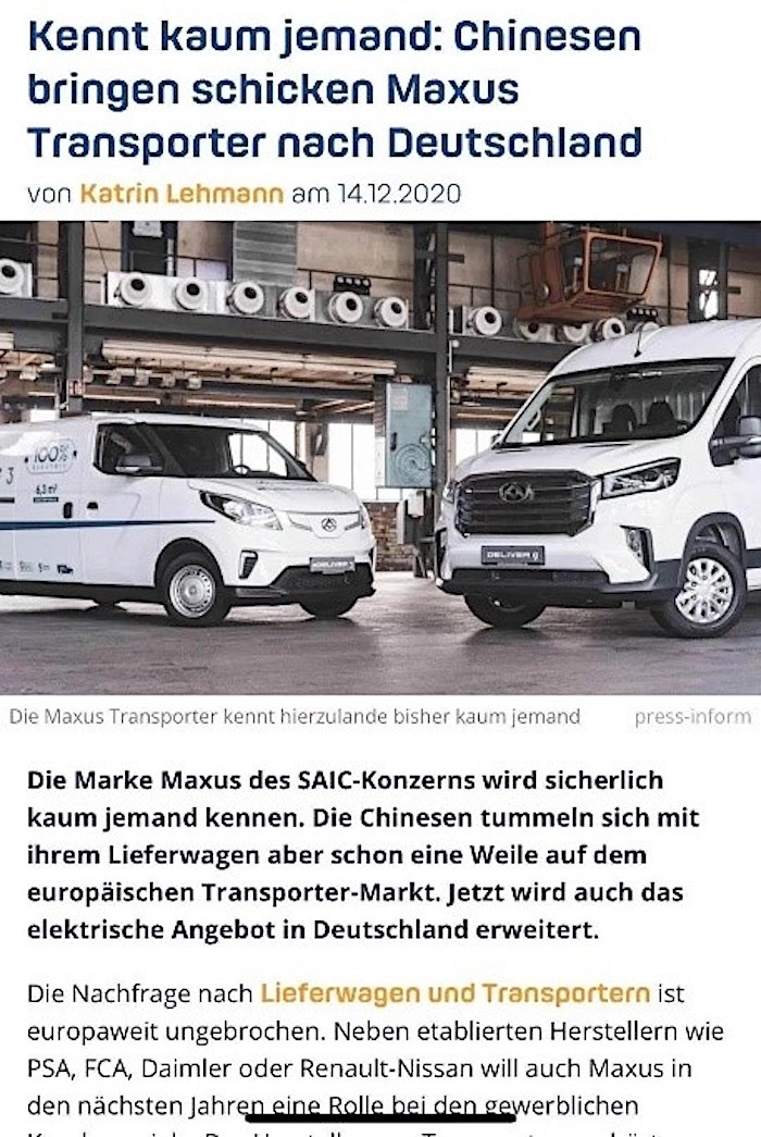 德国媒体称“上汽大通MAXUS这个来自中国的品牌,将和标致、戴姆勒等欧洲传统品牌一起竞争这个细分市场的领先地位”