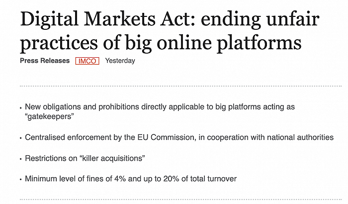 华信娱乐官网欧洲议会通过《数字市场法》，科技巨头最高将吃到20%年营收的罚单