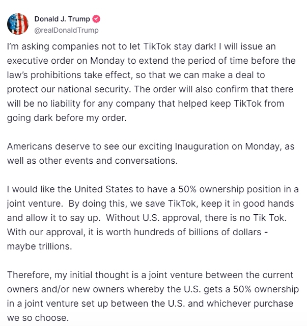 特朗普：将于1月20日签署行政令避免关停TikTok