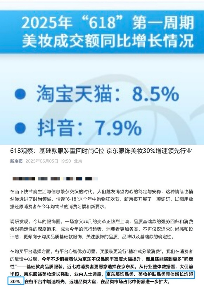 好博-京东美妆 1-4 月双位数增长，618 增速三倍于行业均值
