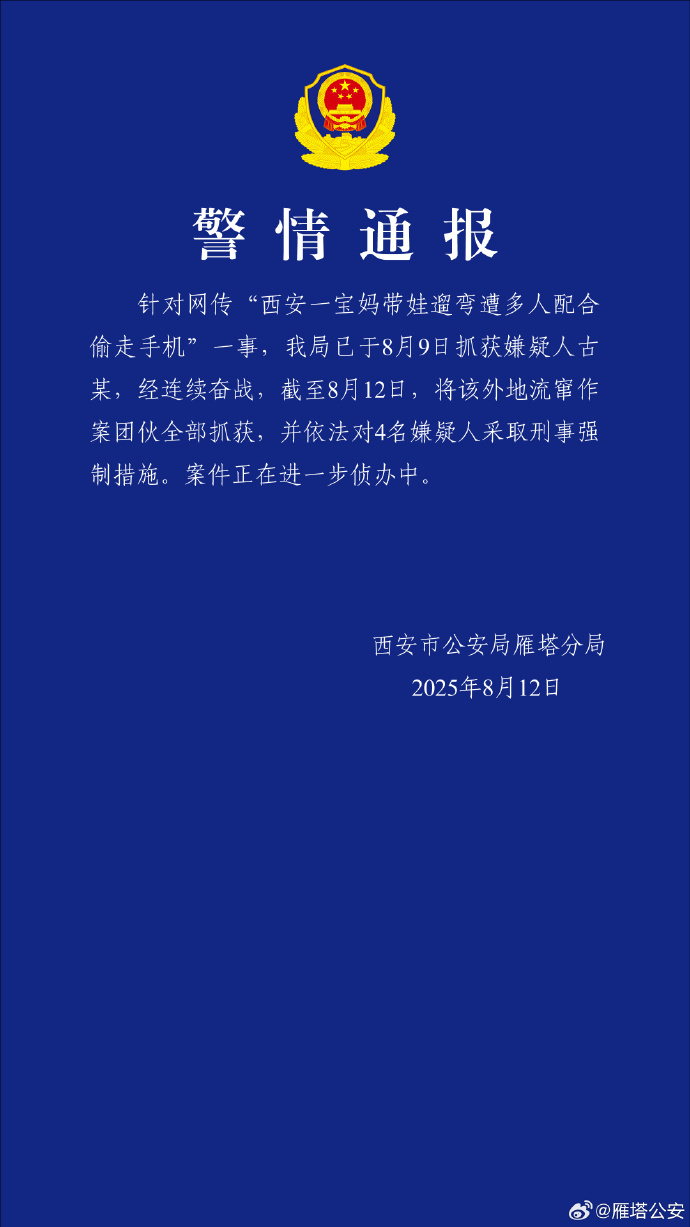 西安一宝妈带娃遛弯遭多人配合偷走手机？警方：已将该外地流窜作案团伙全部抓获