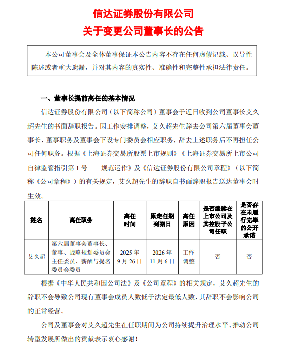信达证券董监高大规模人事变动