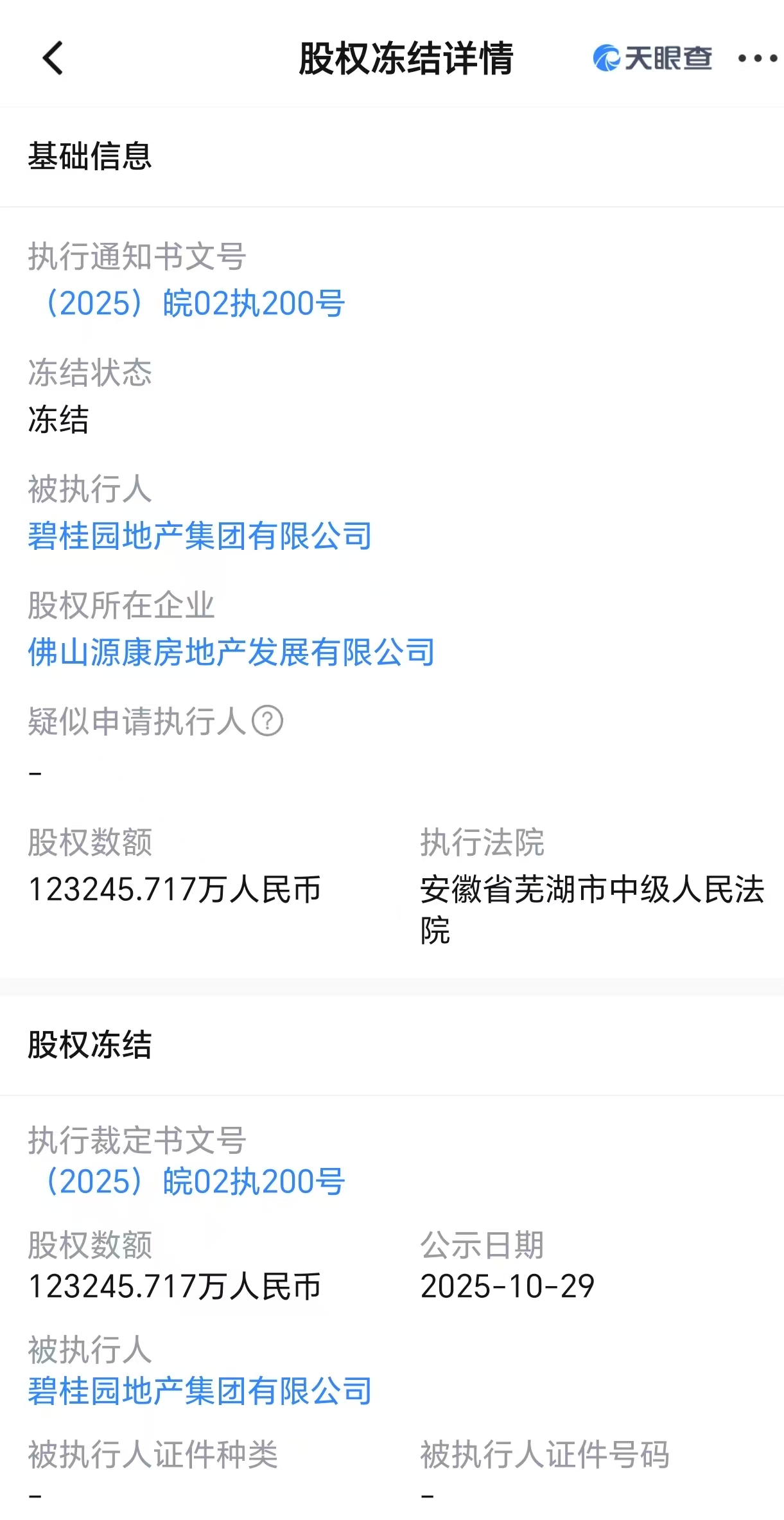 碧桂园地产被冻结12.3亿元，被执行金额超62亿