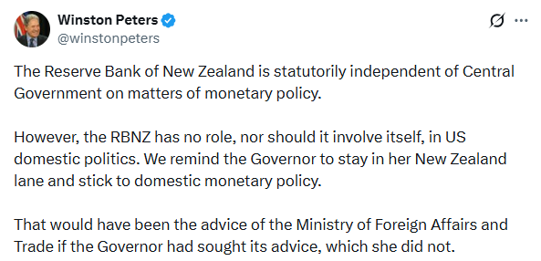 新西兰外长批该国央行行长声援鲍威尔：不应卷入美国国内政治
