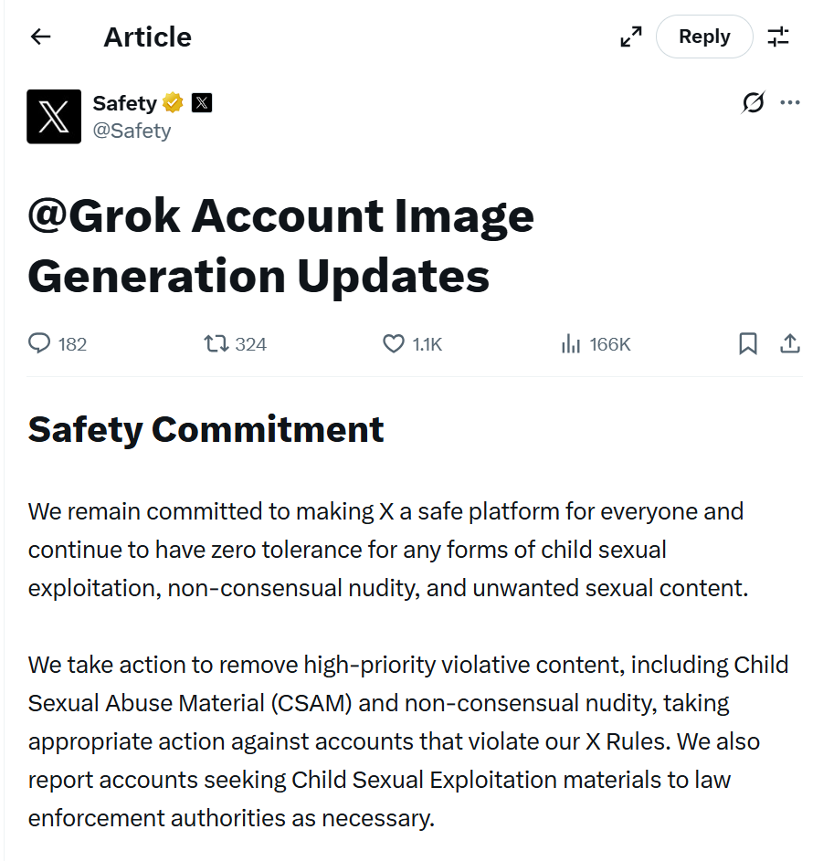 遭多国批评与抵制后，X平台宣布采取措施制止Grok生成色情图像