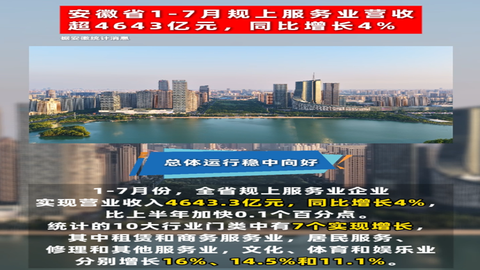 安徽省1-7月规上服务业营收超4643亿元，同比增长4%