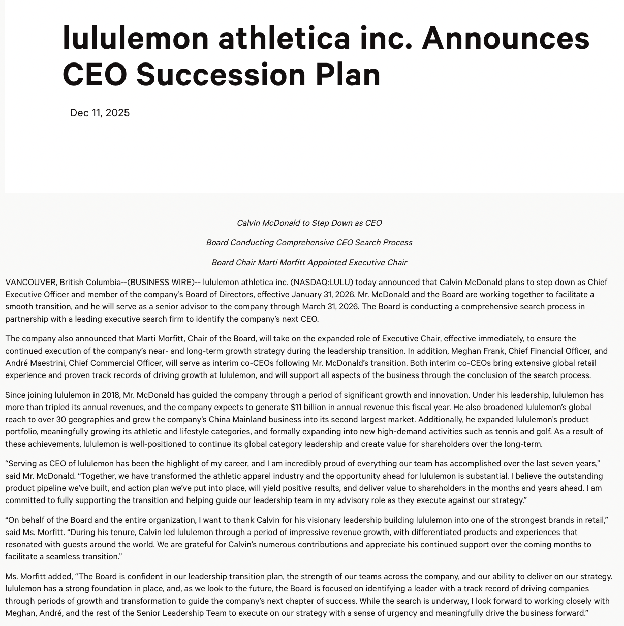 市值一年蒸发250亿美元CEO辞职,lululemon面临增长分岔口